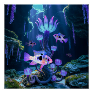 Blue Ram Cichlids Fantasy Surreal Aquarium Vis Perfect Poster