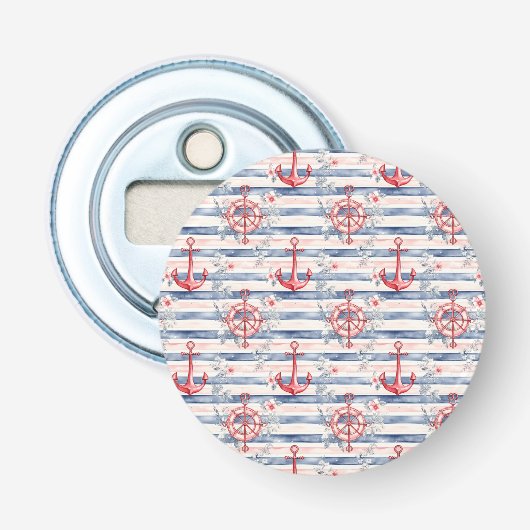 Blue Red Anchors Floral Stripes Beach  Button Flesopener (Voorkant)