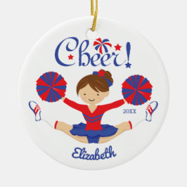 Blue Red Cheer Brunette Cheerleader - gepersonalis Keramisch Ornament