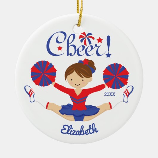 Blue Red Cheer Brunette Cheerleader - gepersonalis Keramisch Ornament (Voorkant)