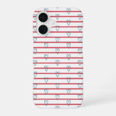 Blue Red Coastal Nautical Hearts Stripes Schattige iPhone 16 Hoesje (Achterkant)