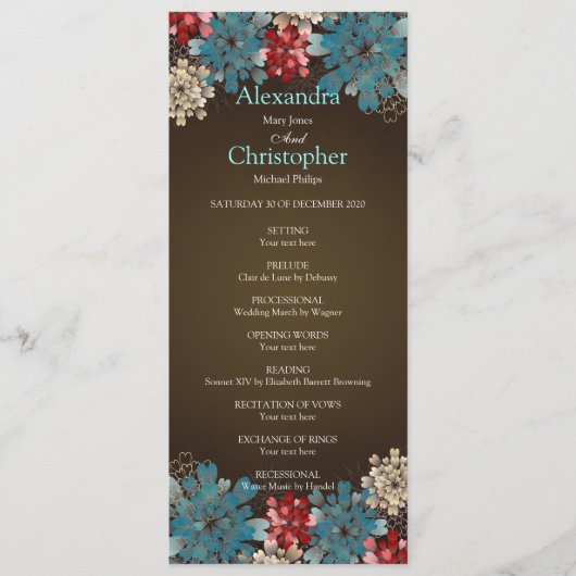 Blue Red & Cream Flowers Programme de mariage rétr (Devant)