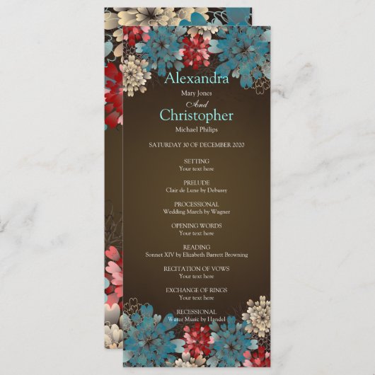 Blue Red & Cream Flowers Retro Wedding Program Programma (Voorkant / Achterkant)