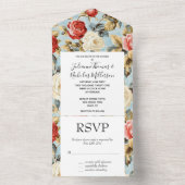 Blue Red Cream Roos Floral Wedding All In One Uitnodiging (Binnen)