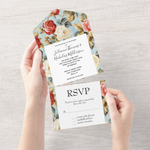 Blue Red Cream Roos Floral Wedding All In One Uitnodiging