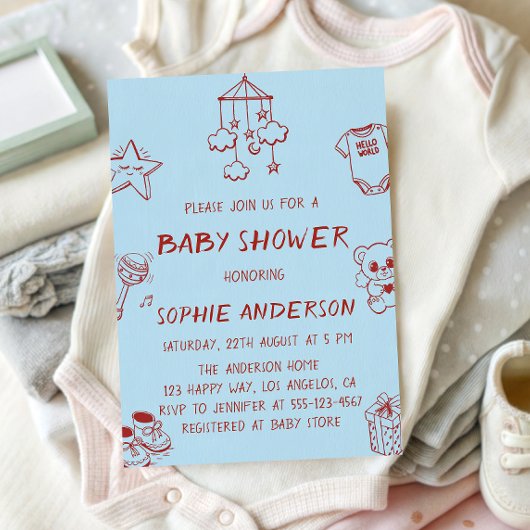 Blue & Red Cute Minimalist Doodle Baby Shower Kaart