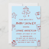 Blue & Red Cute Minimalist Doodle Baby Shower Kaart (Voorkant)