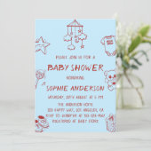 Blue & Red Cute Minimalist Doodle Baby Shower Kaart (Staand voorkant)