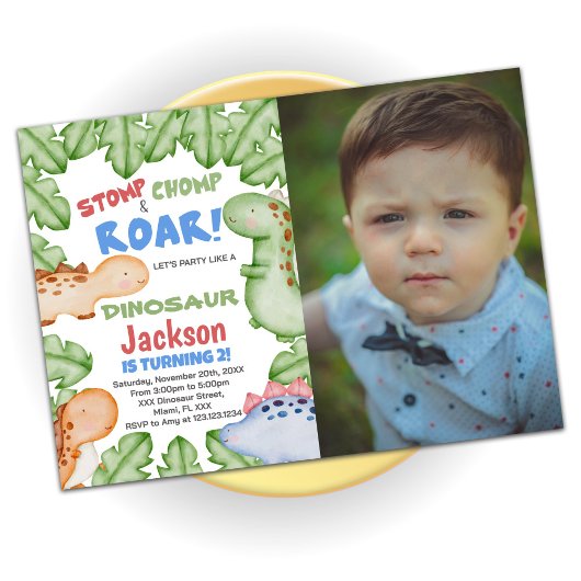 Blue Red Dinosaur Anniversaire Invitations avec ph