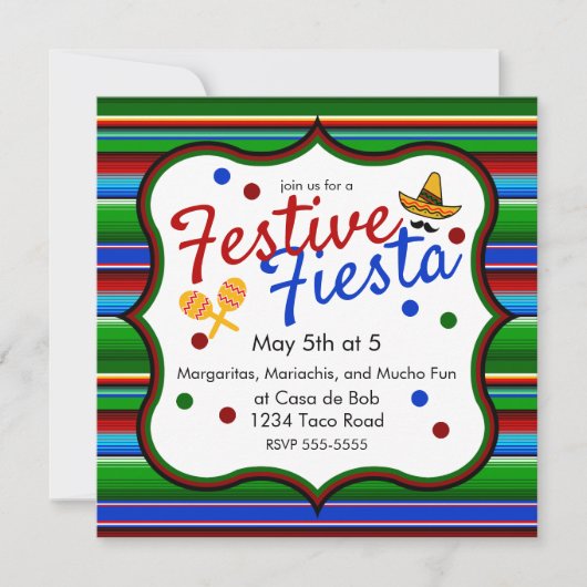 Blue Red Green Sarape Cinco de Mayo Invitation (Devant)