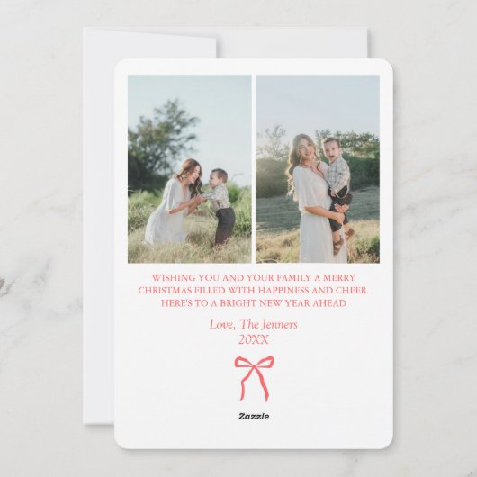 Blue & Red Illustrated Bow Striped 3-Photo Family Feestdagenkaart (Achterkant)