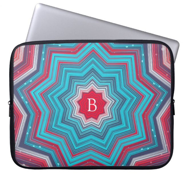 Blue & Red Mandala Rosette Pattern Monogram Laptop Sleeve (Voorkant)