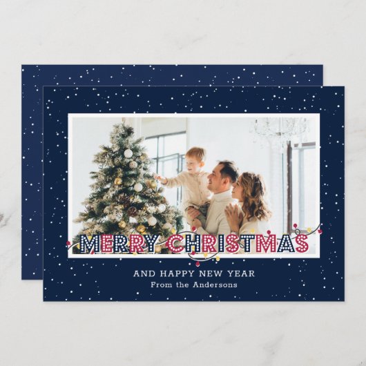 Blue Red Snow Lights Photo Cartes de Noël (Devant / Derrière)