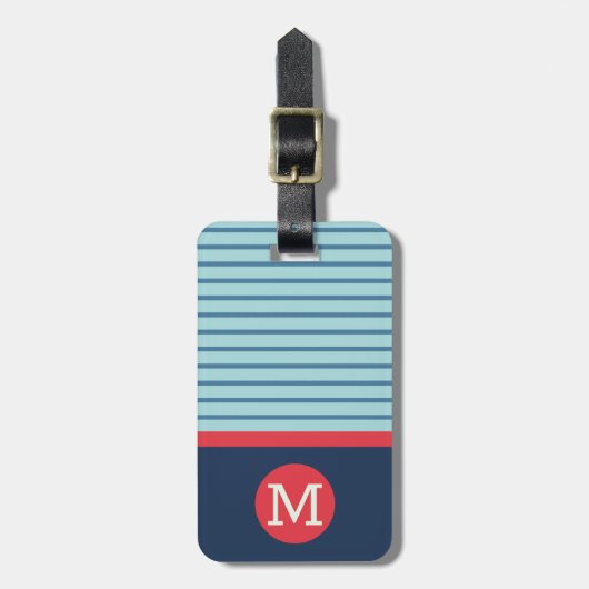 Blue Red Stripe Monogram Naam Adres Bagagelabel (Voorkant verticaal)