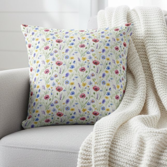 Blue Red Watercolor Wildflower Kussen (Creator heeft geüpload)