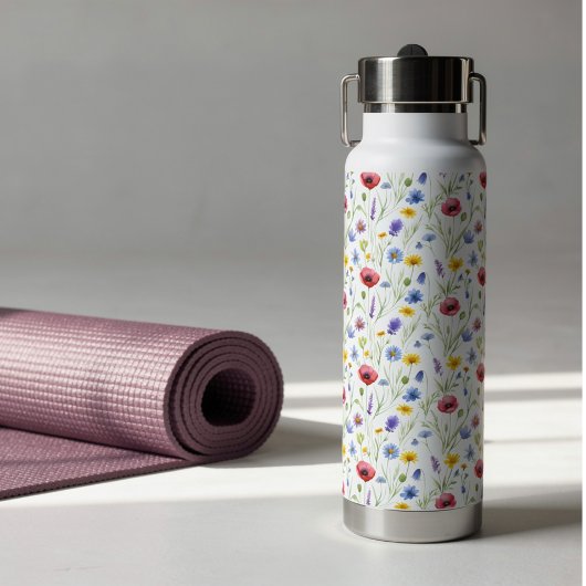 Blue Red Watercolor Wildflower Waterfles