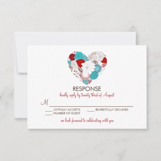 Blue Red Whimsical Floral Heart Wedt Card RSVP Car (Devant)