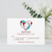 Blue Red Whimsical Floral Heart Wedt Card RSVP Car (Debout devant)