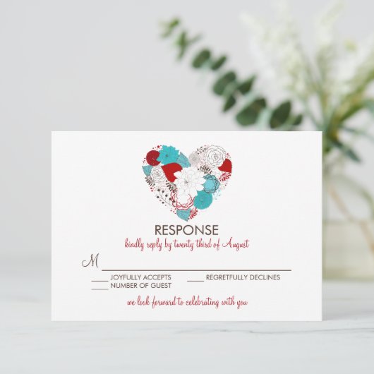Blue Red Whimsical Floral Heart Wedt Card RSVP Car (Debout devant)