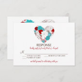 Blue Red Whimsical Floral Heart Wedt Card RSVP Car (Devant / Derrière)