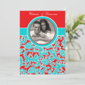 Blue Red White Damask Foto Weddenschap Kaart (Staand voorkant)