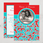 Blue Red White Damask Foto Weddenschap Kaart (Voorkant / Achterkant)