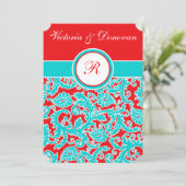 Blue Red White Damask Monogram Weddenschap Kaart (Staand voorkant)
