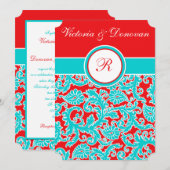 Blue Red White Damask Monogram Weddenschap Kaart (Voorkant / Achterkant)