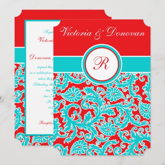 Blue Red White Damask Monogram Weddenschap Kaart (Voorkant / Achterkant)