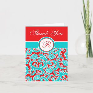 Blue Red White Damask Monogramme Merci Carte de no