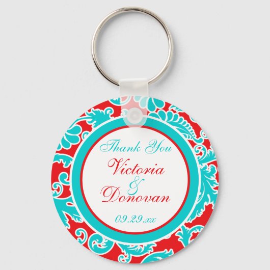 Blue Red White Damask Wedding Favor Sleutelhanger (Voorkant)