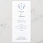 Blue Regency Floral Crest Monogram Huwelijk Menu (Voorkant)