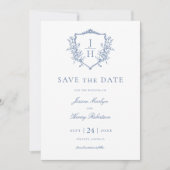 Blue Regency Floral Crest Monogram Huwelijk Save The Date (Voorkant)