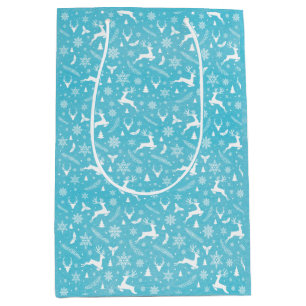 Blue Reindeer Pattern Merry Kerstsnowflakes Medium Cadeauzakje