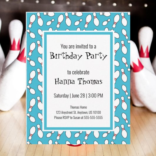 Blue Retro Bowling Birthday Invitation Carte posta