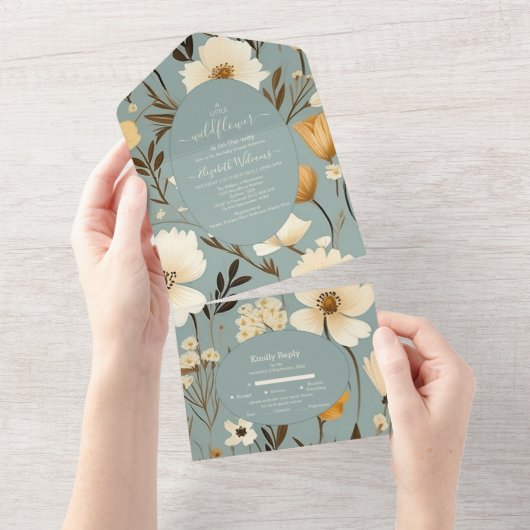 Blue Retro Een beetje Wildflower Baby shower All In One Uitnodiging (Afscheurbaar)