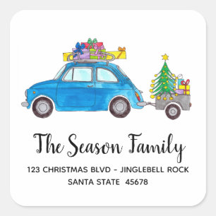 Blue Retro Fiat 500 met kerstcadeaus Vierkante Sticker