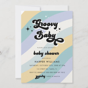 Blue Retro Groovy Baby shower Invitation Kaart