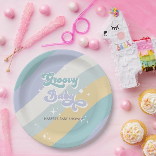 Blue Retro Groovy Baby shower Papieren Bordje (Feest)