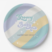 Blue Retro Groovy Baby shower Papieren Bordje (Voorkant)
