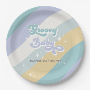 Blue Retro Groovy Baby shower Papieren Bordje