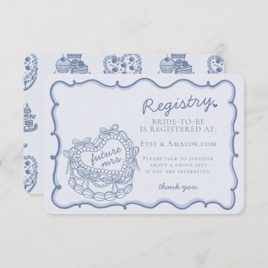 Blue Retro Heart Coquette Cake Registry Insert Informatiekaartje (Voorkant / Achterkant)