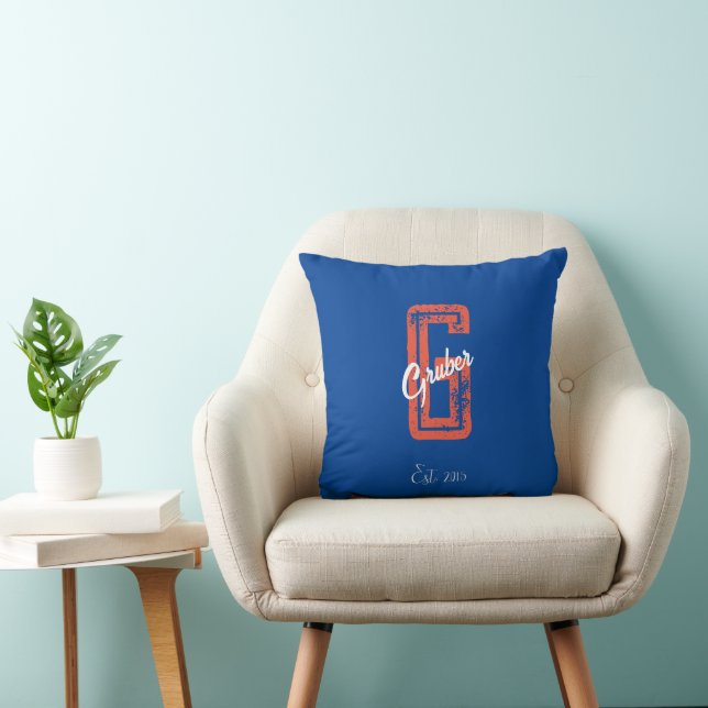Blue Retro Minimalist Modern Monogram Name Kussen (Stoel)