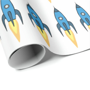 Blue Retro Rocket Ship Buitenspace Birthday Boy Cadeaupapier