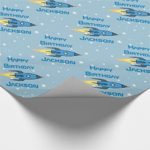 Blue Retro Rocket Ship Personalized Birthday Boy Cadeaupapier