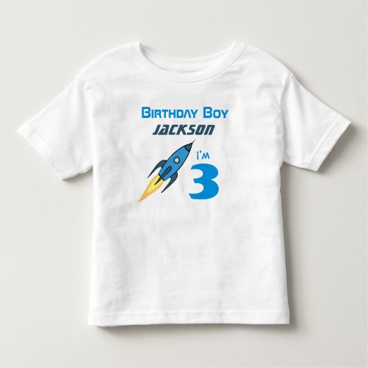 Blue Retro Rocket Ship Personalized Birthday Boy Kinder Shirts (Voorkant)
