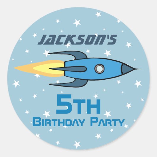 Blue Retro Rocket Ship Personalized Birthday Boy Ronde Sticker (Voorkant)