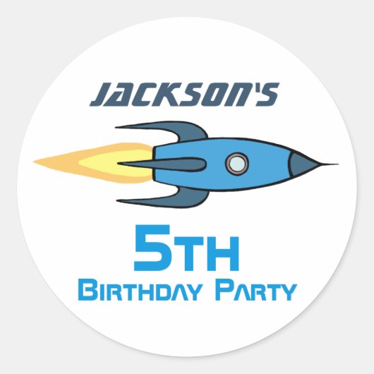 Blue Retro Rocket Ship Personalized Birthday Boy Ronde Sticker (Voorkant)