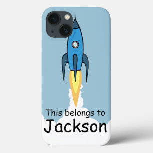 Blue Retro Rocketship persoonlijke iPad-draagtas iPhone 13 Hoesje