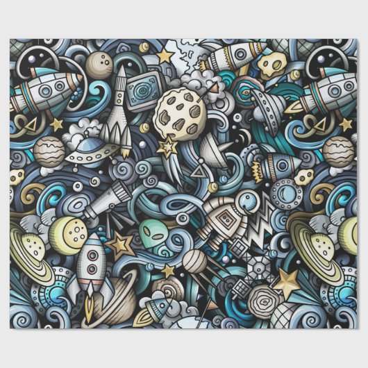 Blue Retro Space Patroon Cadeaupapier (Vlak)